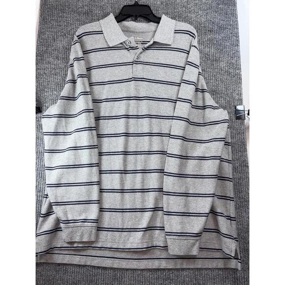 LL Bean Mens Traditional Fit Long Sleeve Collared Polo Shirt Gray/Navy Strip XL - Picture 1 of 11